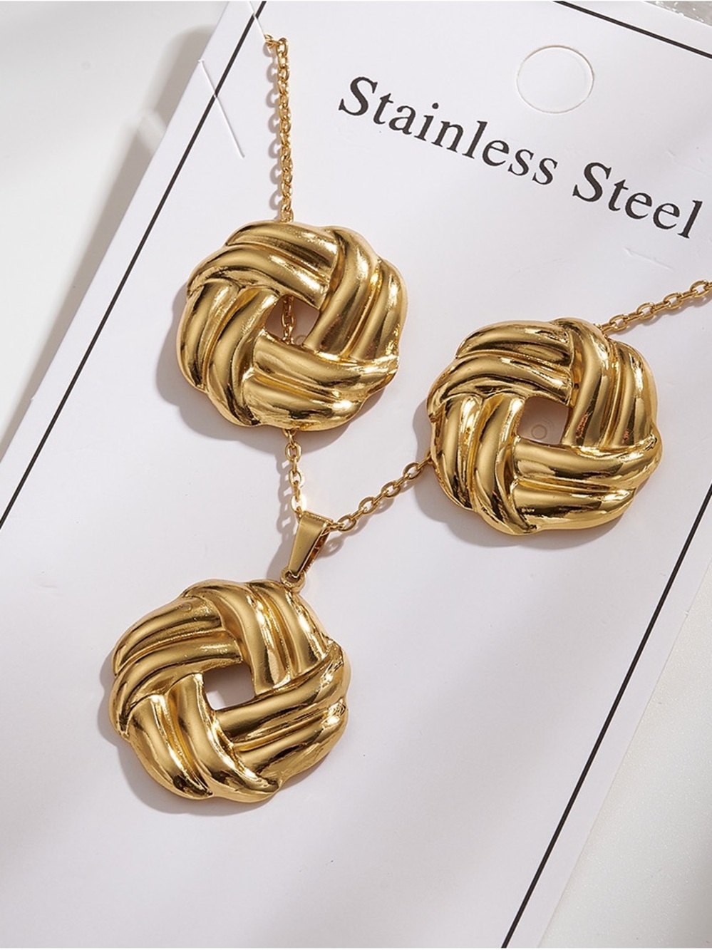 Gold Knot Pendant Necklace and Earrings Set - Stainless Steel